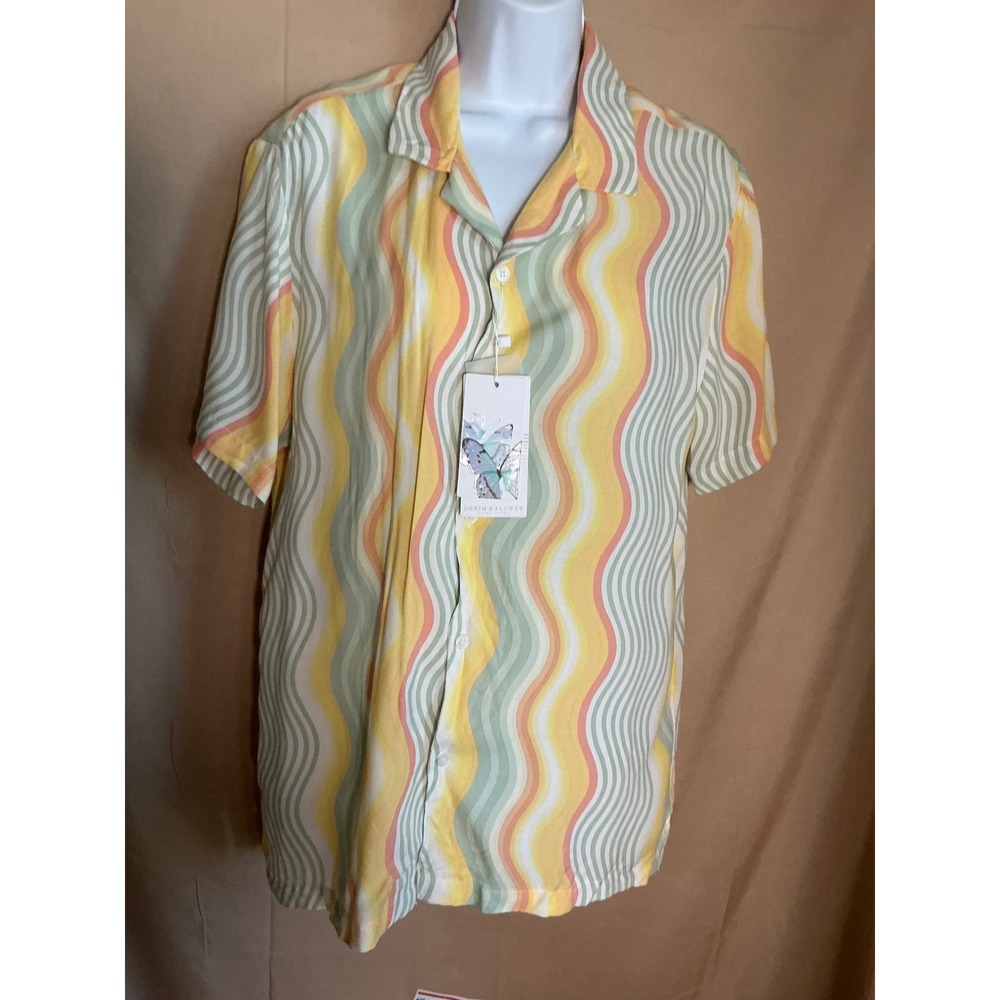 Denim & Flower Wavy Stripe Shirt Mens Large Yellow Green NWT Retro Camp Collar